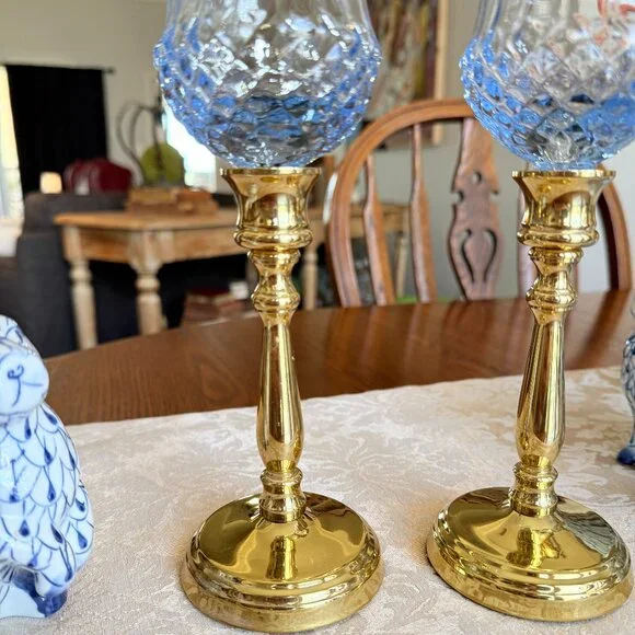 Vintage Brass and Blue Glass Candle holders - Picture 5 of 12